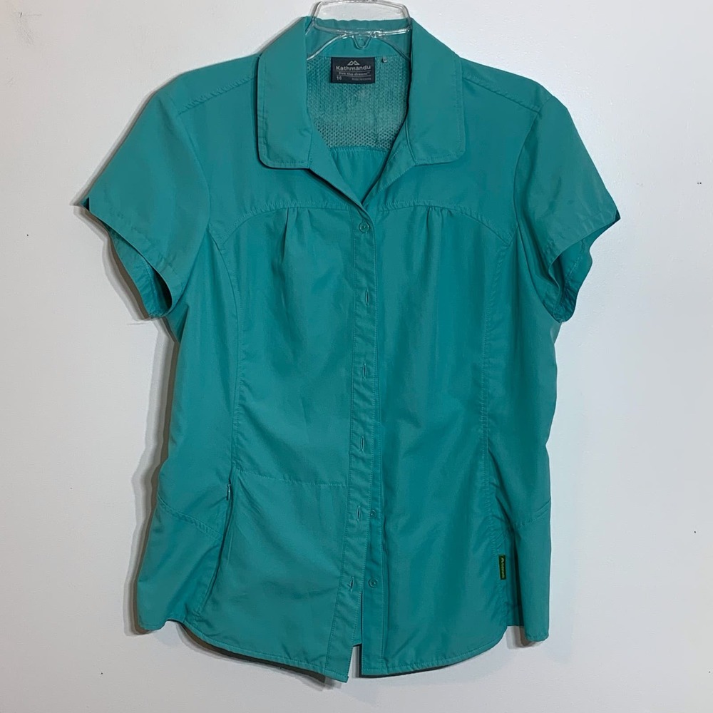 EUC Kathmandu Live The Dream Short Sleeve Button Up Green Blouse Size‎ 14